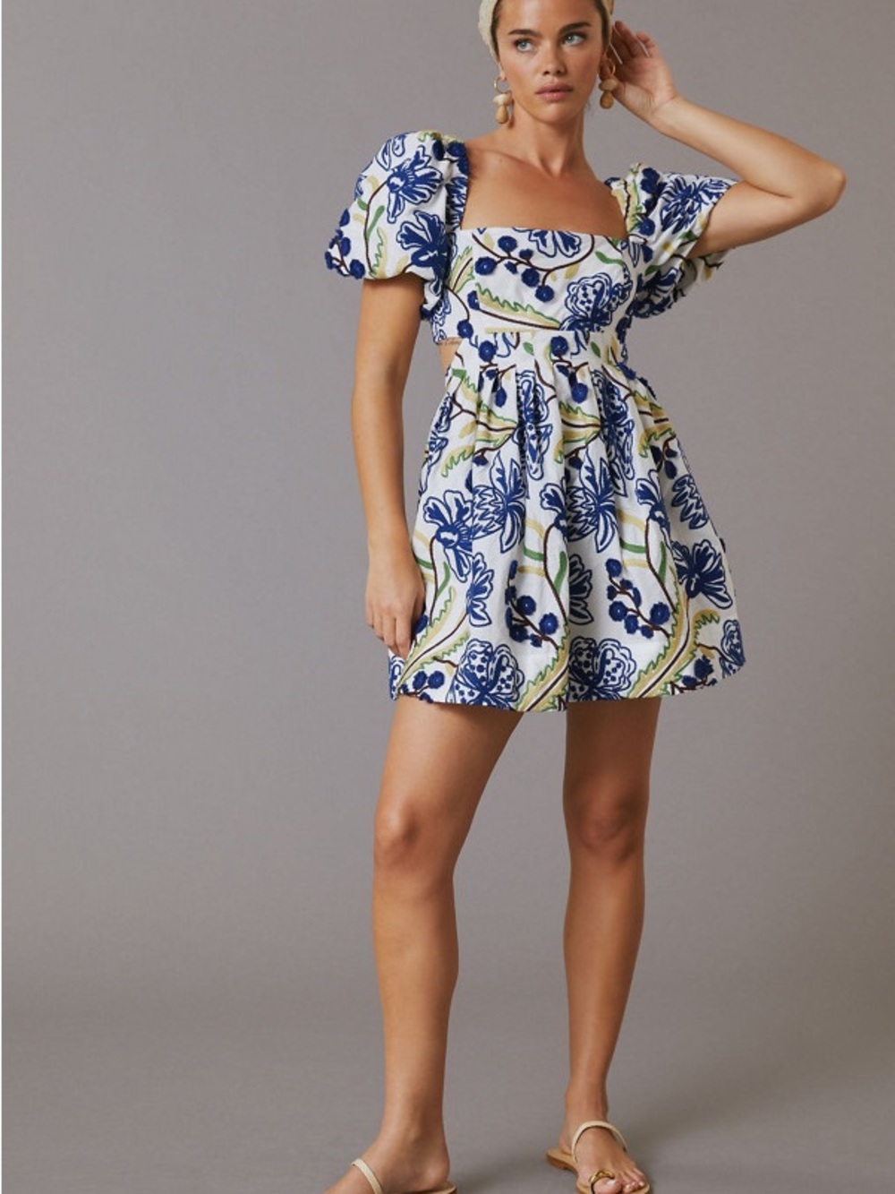 Anthropologie Blue & White Floral Puff-Sleeve Midi Dress - Picture 3 of 4